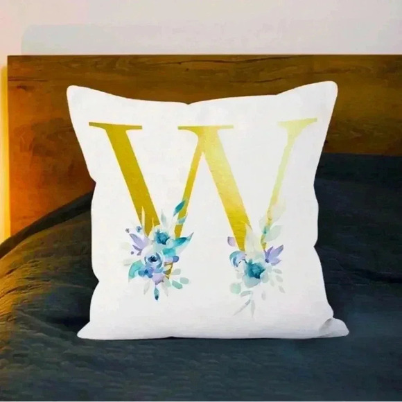 Pillow Covers 18x18” 1 pc W Alphabet Linen White/Gold W Blue Floral Boho Cottage - Picture 8 of 16